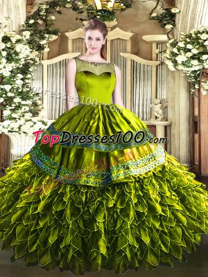 Fine Olive Green Ball Gowns Beading and Ruffles Ball Gown Prom Dress Zipper Organza and Taffeta Sleeveless Floor Length