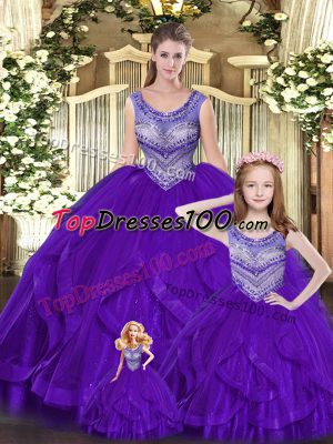 Floor Length Eggplant Purple Quinceanera Dress Scoop Sleeveless Lace Up