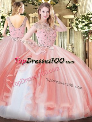 Peach Ball Gowns Bateau Sleeveless Tulle Floor Length Zipper Beading and Ruffles Vestidos de Quinceanera