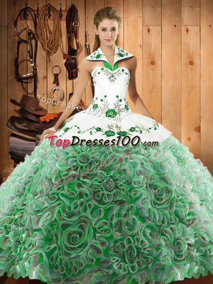 Lovely Multi-color Lace Up Halter Top Embroidery Sweet 16 Dresses Fabric With Rolling Flowers Sleeveless Sweep Train
