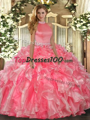Superior Beading and Ruffles Quinceanera Dress Hot Pink Backless Sleeveless Floor Length