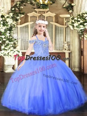 Off The Shoulder Sleeveless Lace Up Little Girl Pageant Gowns Blue Tulle