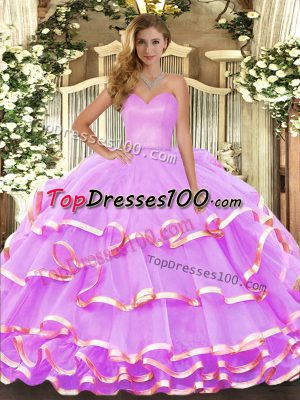 Lilac Organza Lace Up Quinceanera Gown Sleeveless Floor Length Ruffled Layers