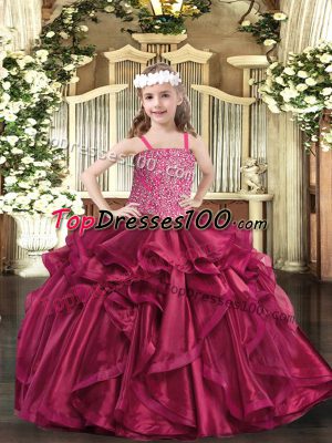 Ball Gowns Little Girl Pageant Dress Fuchsia Straps Organza Sleeveless Floor Length Lace Up