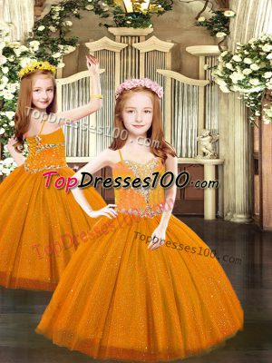 Pretty Spaghetti Straps Sleeveless Tulle Kids Formal Wear Beading Lace Up