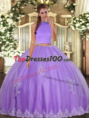 Fashion Sleeveless Tulle Floor Length Backless Sweet 16 Quinceanera Dress in Lavender with Beading and Appliques