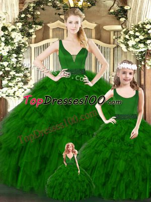 Sexy Green Sleeveless Ruffles Floor Length 15 Quinceanera Dress