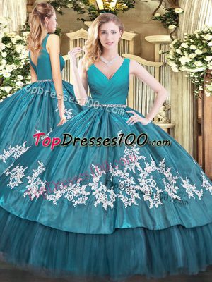 Teal V-neck Zipper Beading and Appliques Sweet 16 Quinceanera Dress Sleeveless