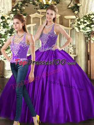 Floor Length Lace Up Quinceanera Gowns Purple for Military Ball and Sweet 16 and Quinceanera with Beading
