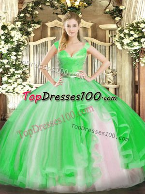 Comfortable Floor Length Zipper Quince Ball Gowns Green for Military Ball and Sweet 16 and Quinceanera with Beading and Ruffles