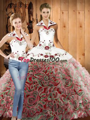 Multi-color Sweet 16 Dress Halter Top Sleeveless Sweep Train Lace Up