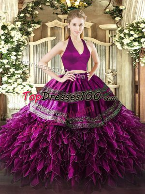 Appliques and Ruffles Quinceanera Dress Fuchsia Zipper Sleeveless Floor Length