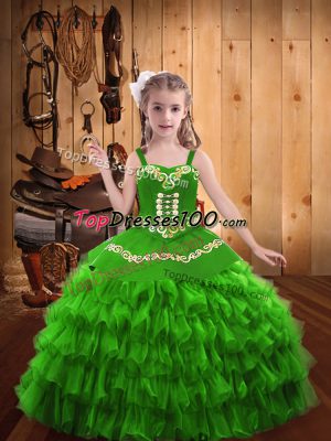 Sleeveless Floor Length Embroidery and Ruffled Layers Lace Up Custom Made