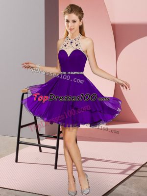 Purple Empire Chiffon Halter Top Sleeveless Beading Mini Length Zipper Prom Dresses