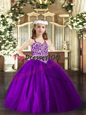 Fashionable Purple Tulle Lace Up Straps Sleeveless Floor Length Pageant Gowns For Girls Beading