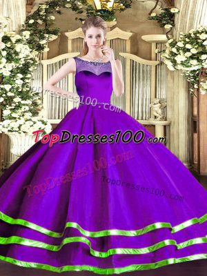 High End Purple Scoop Neckline Beading and Ruffled Layers Vestidos de Quinceanera Sleeveless Zipper