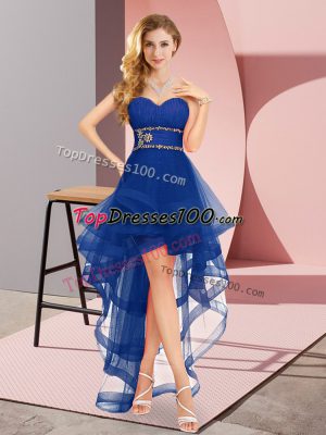 Sweet Royal Blue Tulle Lace Up Bridesmaid Gown Sleeveless High Low Beading