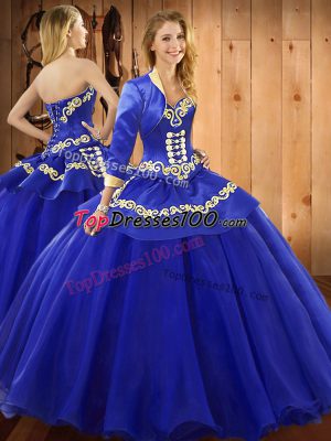 Eye-catching Floor Length Lace Up 15th Birthday Dress Blue for Military Ball and Sweet 16 and Quinceanera with Ruffles