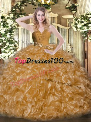 Brown Sleeveless Floor Length Ruffles Zipper Vestidos de Quinceanera