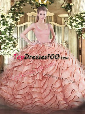 Cheap Rust Red Sleeveless Brush Train Ruffled Layers Quinceanera Gown