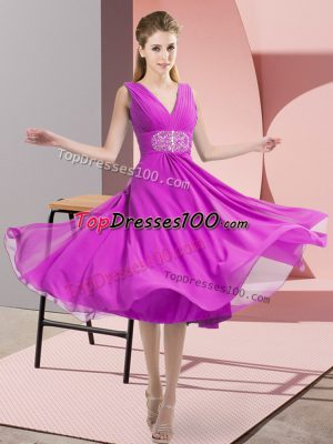Colorful Fuchsia Side Zipper V-neck Beading Wedding Guest Dresses Chiffon Sleeveless
