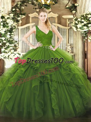 Top Selling Olive Green Ball Gowns Organza V-neck Sleeveless Ruffles Floor Length Zipper Sweet 16 Dress