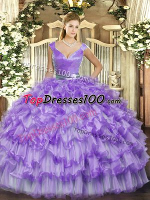 Classical Lavender Organza Zipper V-neck Sleeveless Floor Length Sweet 16 Dresses Ruffled Layers