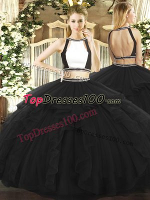 Fantastic Floor Length Backless Quinceanera Dress Black for Military Ball and Sweet 16 and Quinceanera with Ruffled Layers