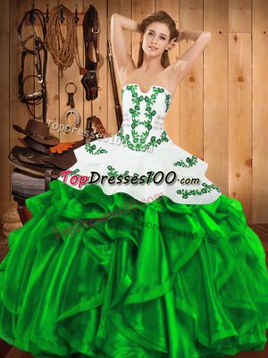 Customized Embroidery and Ruffles Quinceanera Gown Green Lace Up Sleeveless Floor Length