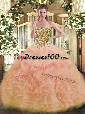 Exceptional Peach Quinceanera Dresses Military Ball and Sweet 16 and Quinceanera with Beading and Ruffles Sweetheart Sleeveless Lace Up