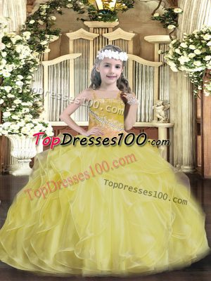 Straps Sleeveless Little Girls Pageant Dress Wholesale Floor Length Beading and Ruffles Gold Organza