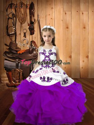 Floor Length Eggplant Purple Pageant Dress Toddler Organza Sleeveless Embroidery and Ruffles