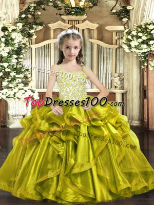 Sleeveless Lace Up Floor Length Beading and Ruffles Child Pageant Dress