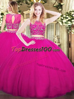 New Arrival Fuchsia Tulle Zipper Vestidos de Quinceanera Sleeveless Floor Length Beading