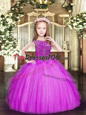 Fuchsia Sleeveless Floor Length Beading and Ruffles Zipper Custom Made