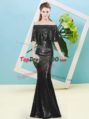 Sequins Homecoming Dress Black Zipper Half Sleeves Floor Length