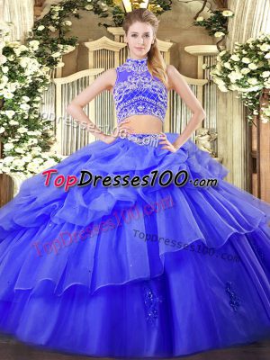 Sweet Blue Ball Gowns Tulle High-neck Sleeveless Beading and Ruffles and Pick Ups Floor Length Backless Sweet 16 Dresses