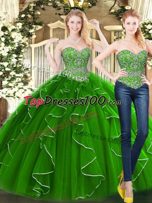 Sumptuous Sweetheart Sleeveless Quinceanera Dress Floor Length Beading and Ruffles Green Organza