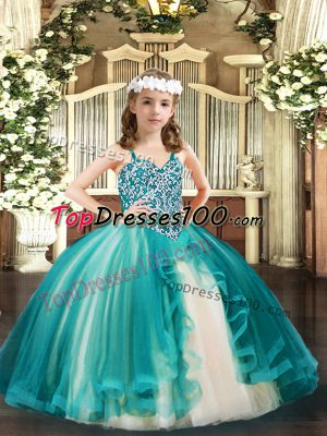 Teal Lace Up Little Girls Pageant Gowns Beading Sleeveless Floor Length
