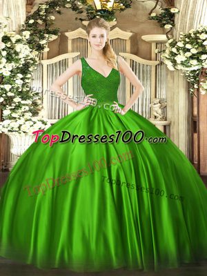 V-neck Sleeveless Sweet 16 Quinceanera Dress Floor Length Beading and Lace Green Satin