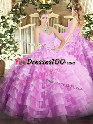 Exceptional Lilac Ball Gowns Sweetheart Sleeveless Organza Floor Length Lace Up Beading and Ruffled Layers Quinceanera Dress