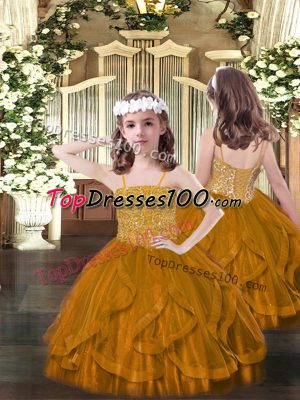 Floor Length Brown Little Girls Pageant Gowns Tulle Sleeveless Beading and Ruffles