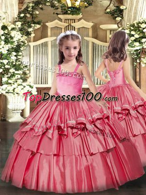 Ball Gowns Girls Pageant Dresses Coral Red Straps Organza Sleeveless Floor Length Lace Up