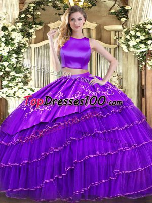 Purple Two Pieces Embroidery and Ruffled Layers Quinceanera Gowns Criss Cross Tulle Sleeveless Floor Length