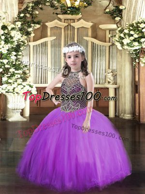 Beading Little Girls Pageant Gowns Eggplant Purple Lace Up Sleeveless Floor Length