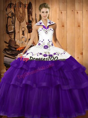Halter Top Sleeveless Sweep Train Lace Up Vestidos de Quinceanera Purple Organza