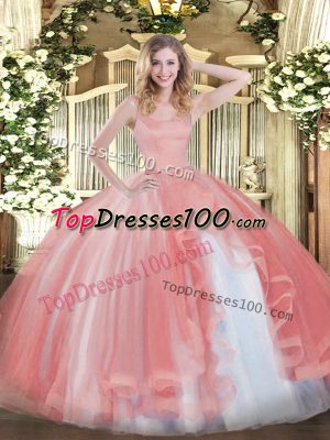 Straps Sleeveless Quinceanera Dresses Floor Length Beading Coral Red Tulle