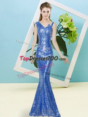 Blue Sequined Zipper Asymmetric Sleeveless Floor Length Evening Dress Sequins