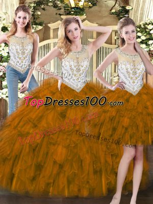 Best Selling Brown Scoop Zipper Beading and Ruffles Quinceanera Dress Sleeveless