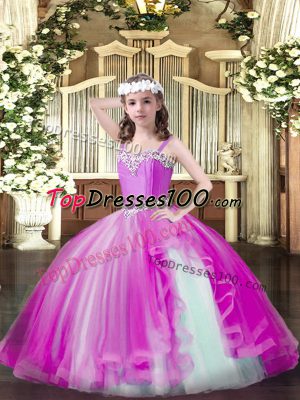 Straps Sleeveless Kids Pageant Dress Floor Length Beading Fuchsia Tulle